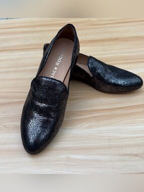 Jack Rogers Metallic Black Crackle Leather Slip-On Loafers Women’s 7 NWOT